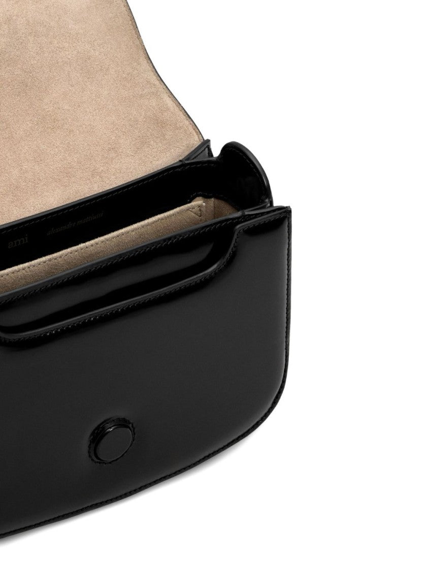 Ami Paris Black Structured Logo Plaque Handbag