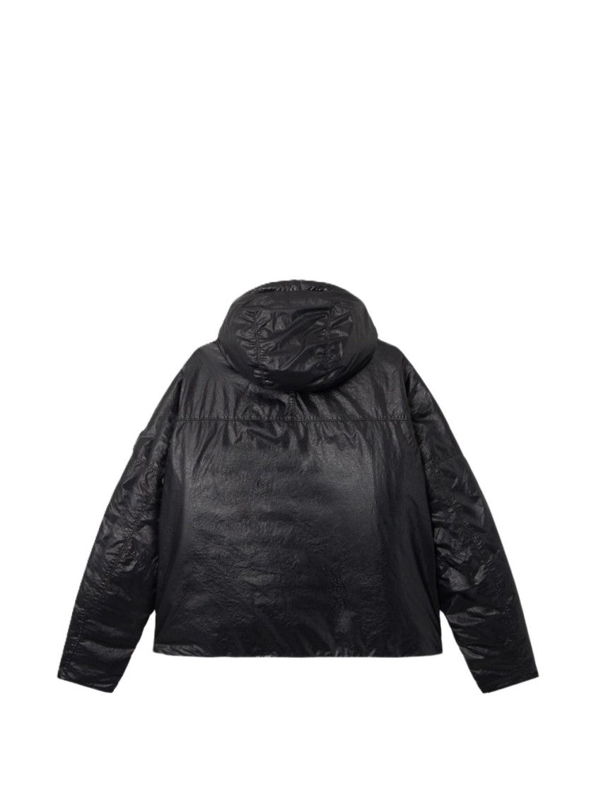 Stone Island Crinkled Texture Black Coat With Hood And Patch Logo