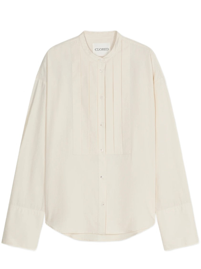 Closed Relaxed Fit Blouse With Vertical Pleats And Band Collar