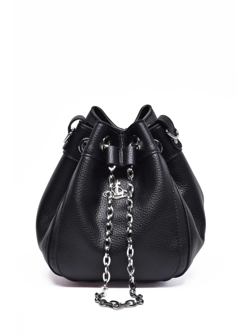 Vivienne Westwood Textured Black Bucket Shoulder Bag With Chain Detail Closure