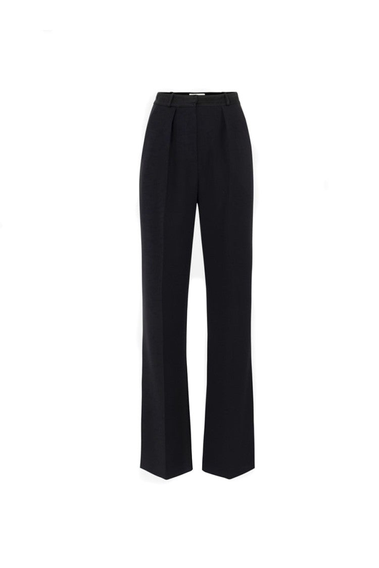Elisabetta Franchi Black Pleated Satin Waistband Polyester-Blend Flared Pants