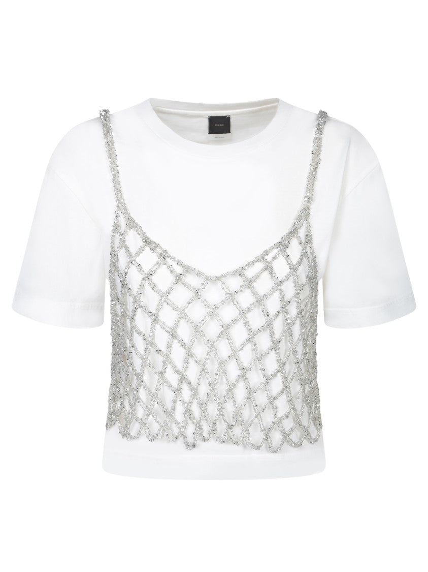 Pinko Shimmering Crochet Net White T-Shirt