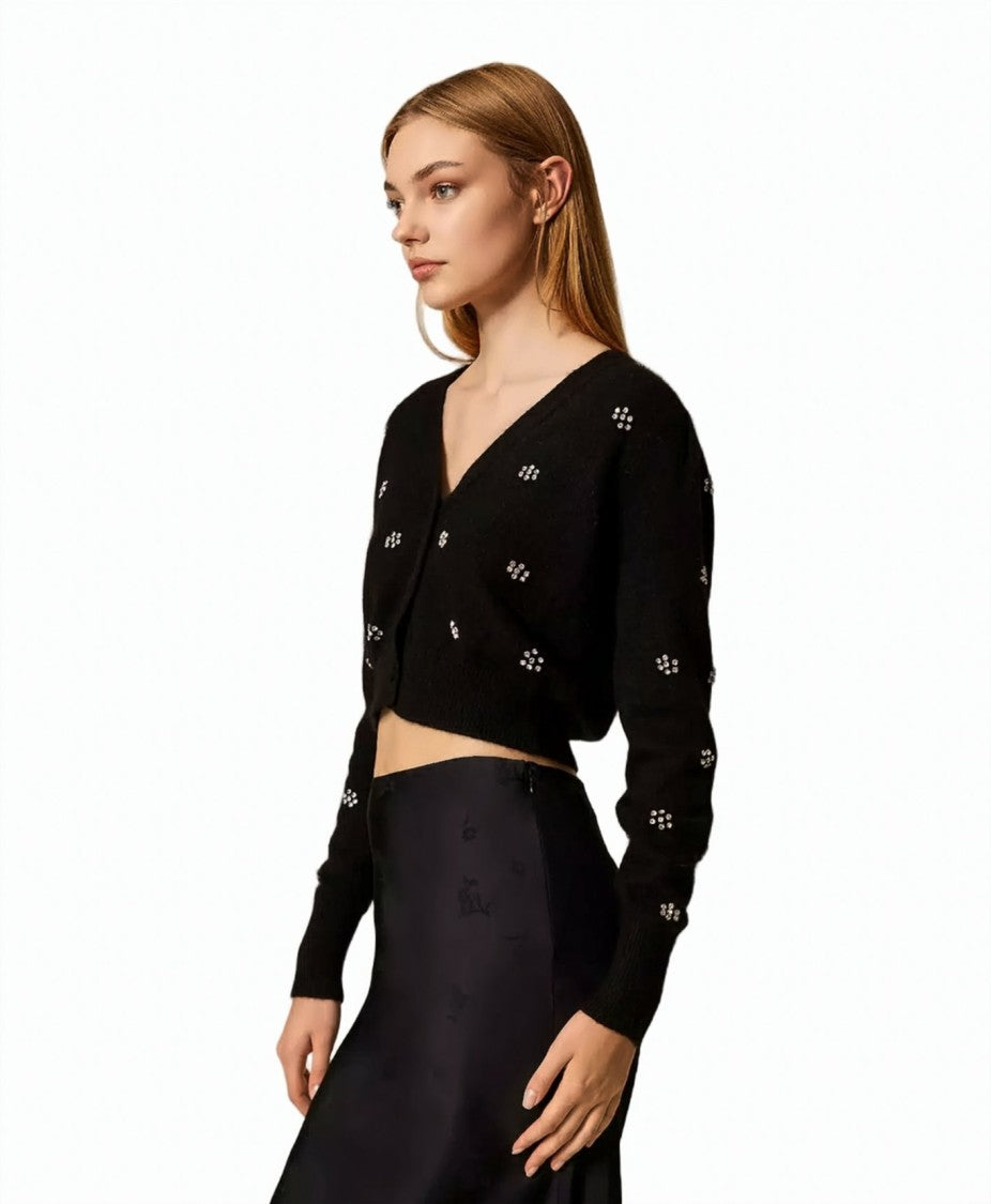 Twin-Set Angora-Blend Floral Rivet V-Neck Cardigan