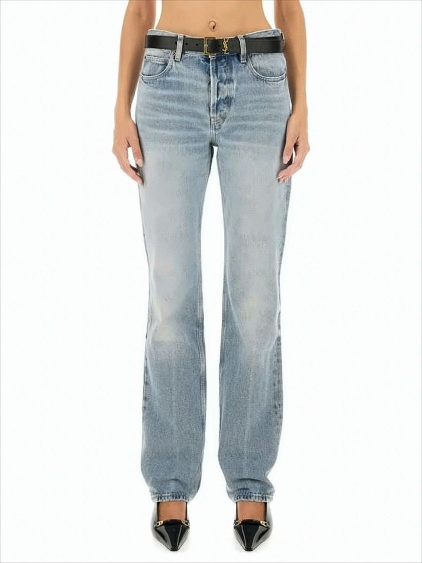 Saint Laurent Light Blue Denim Trousers With Raw Hem