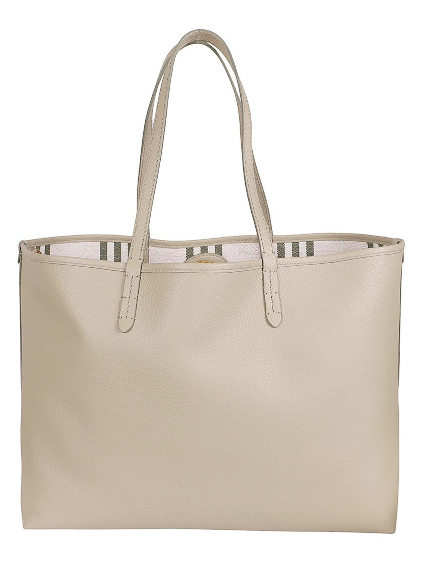 Burberry Calf Grain Leather Tote Bag With Striped Interior
