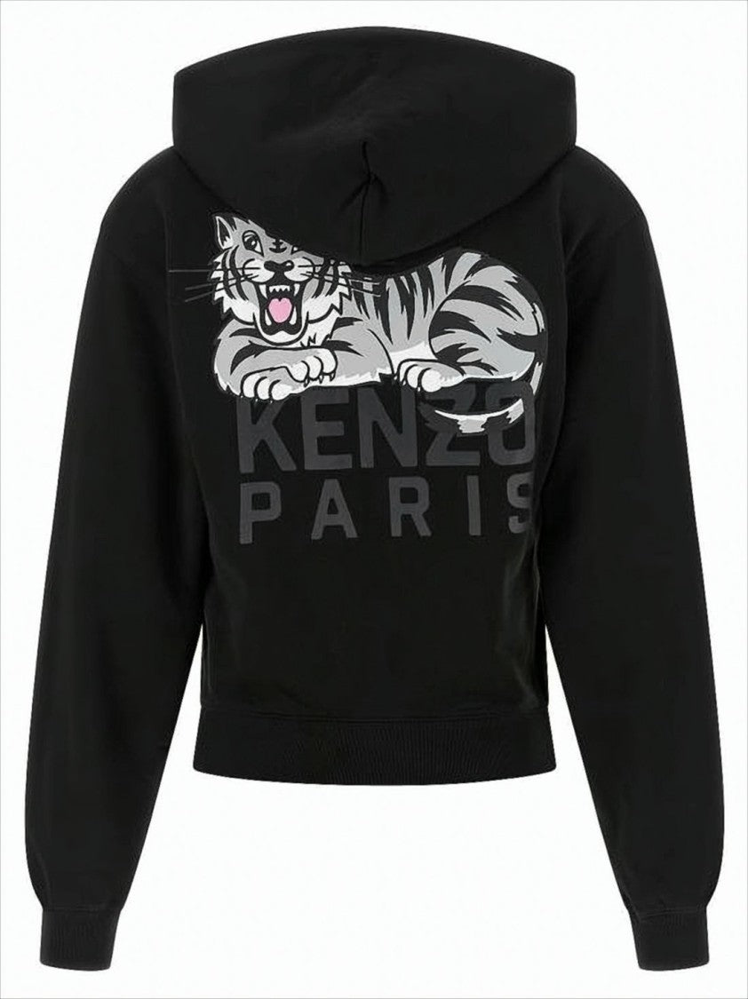 Kenzo Cropped Hoodie With Front Zipper And Distinctive Tiger Graphic