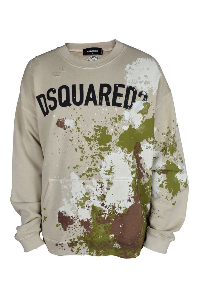Dsquared2 Artfully Stained Beige Cotton Sweatshirt