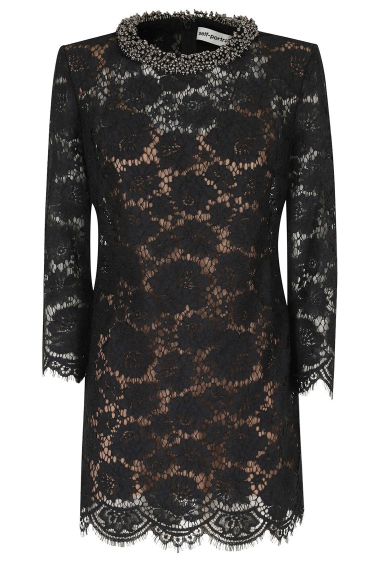 Self-Portrait Black Intricate Lace Beaded Neckline Mini Dress