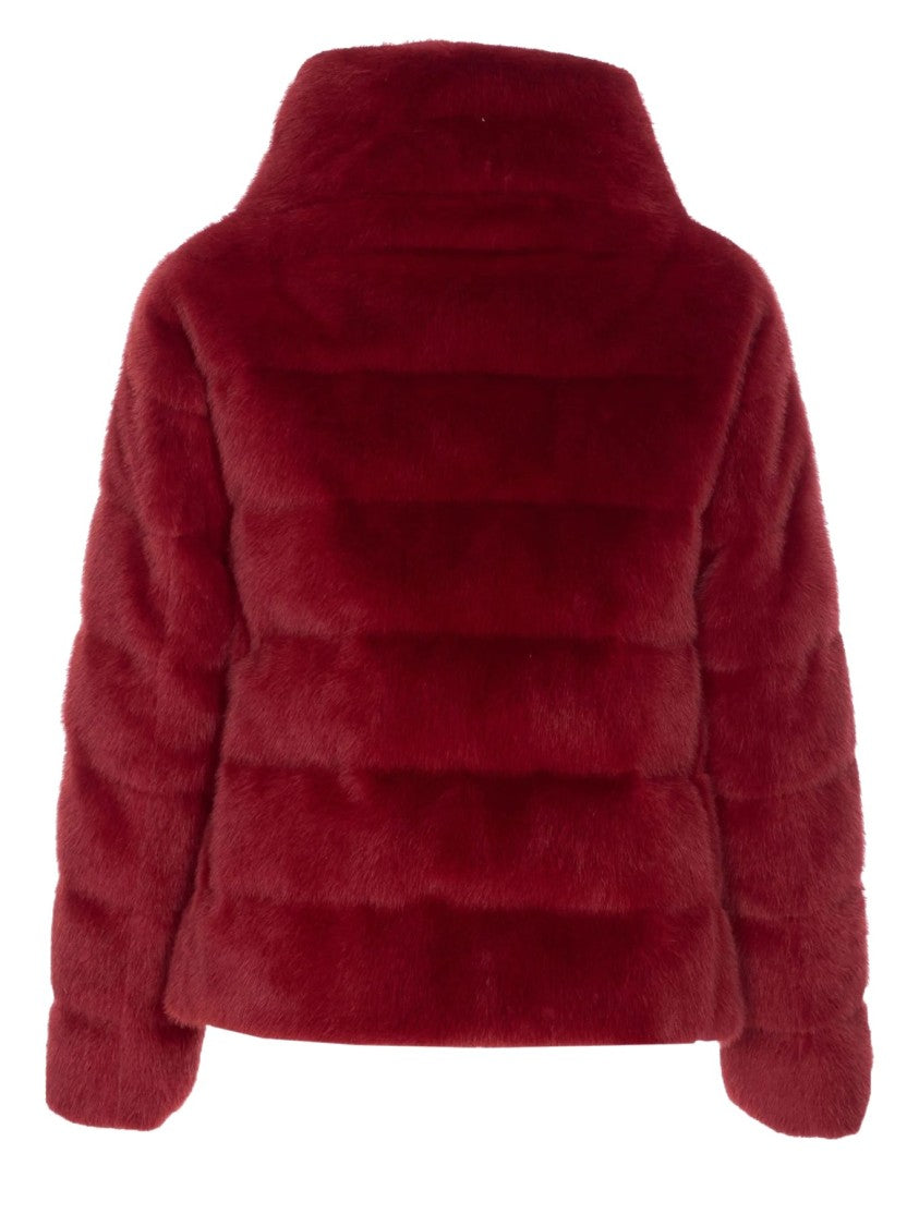 Herno Plush Red Synthetic Fur Jacket With High Collar
