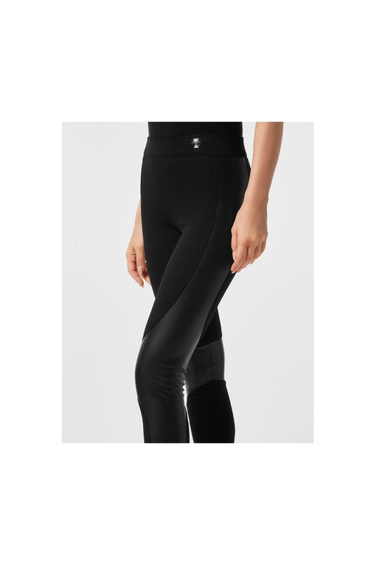 Philipp Plein Black Glossy Faux-Leather Panel Viscose-Blend Leggings