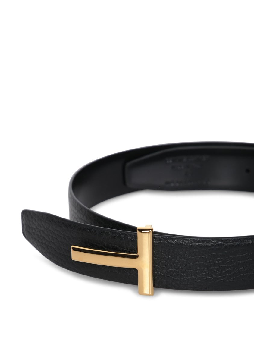 Tom Ford Textured Calf Leather Belt With Polished Gold Buckle