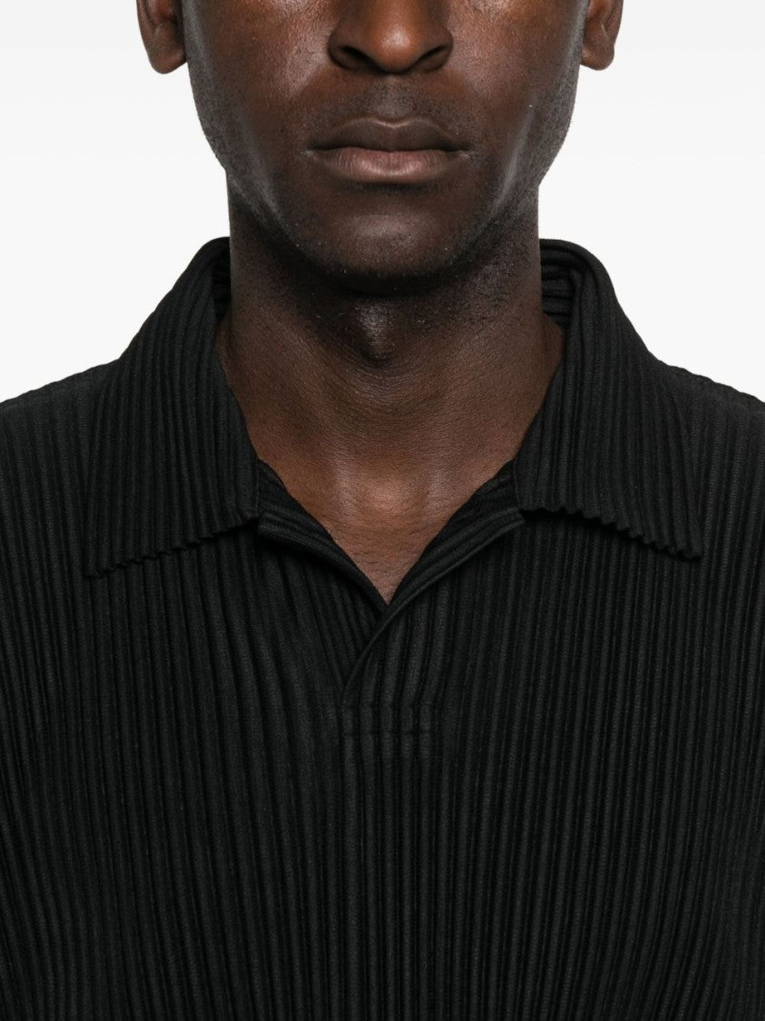 Homme Plissé Issey Miyake Pleated Texture Long-Sleeve Polo With Structured Neckline