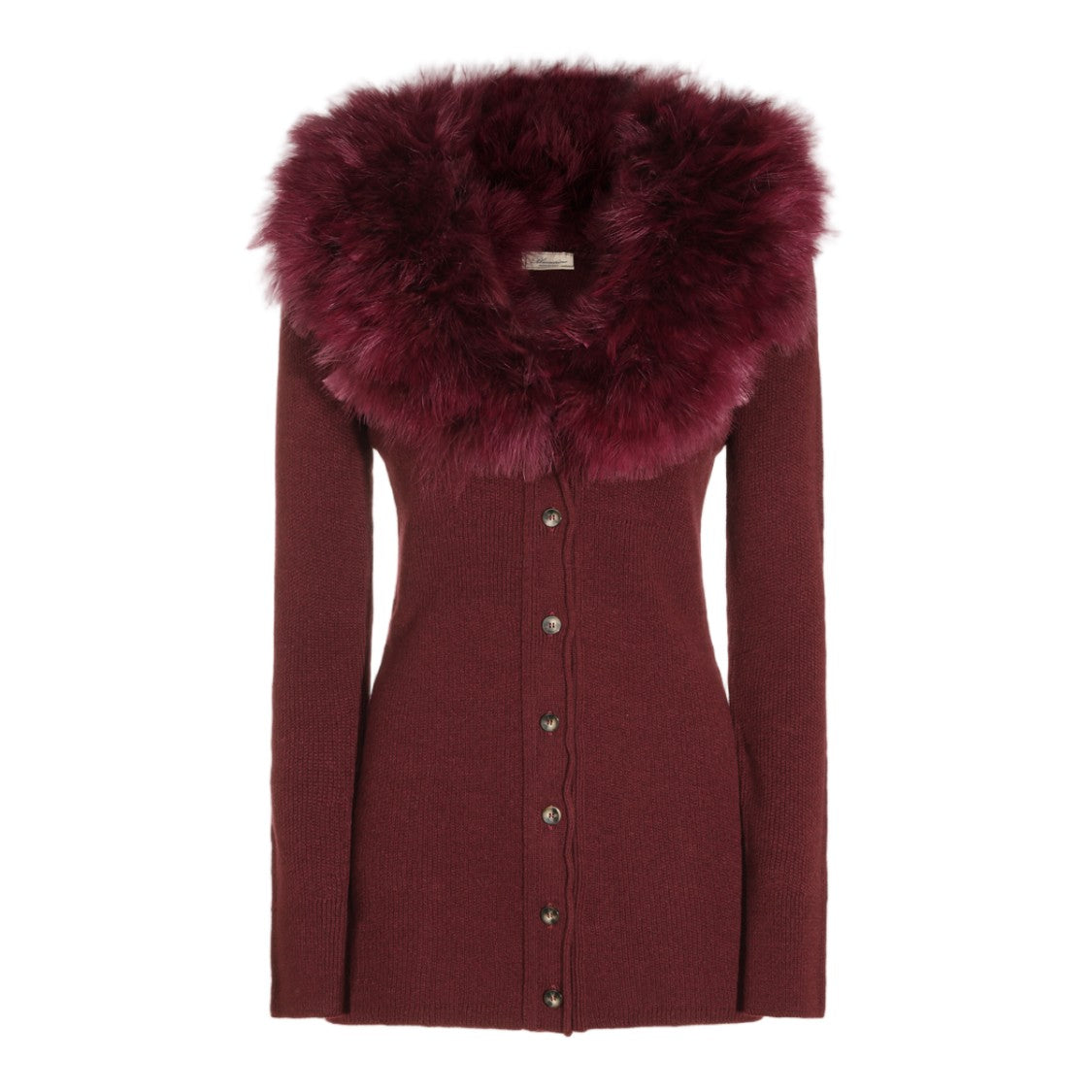 Blumarine Fitted Burgundy Faux Fur Collar Sweater
