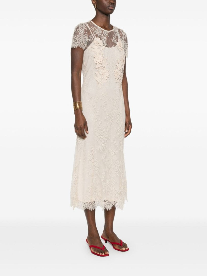 Blugirl Beige Midi Dress With Lace Overlay