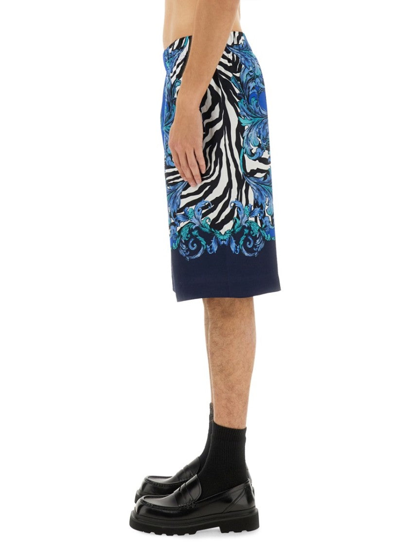 Versace Jeans Couture Blue Viscose Shorts With Intricate Patterns