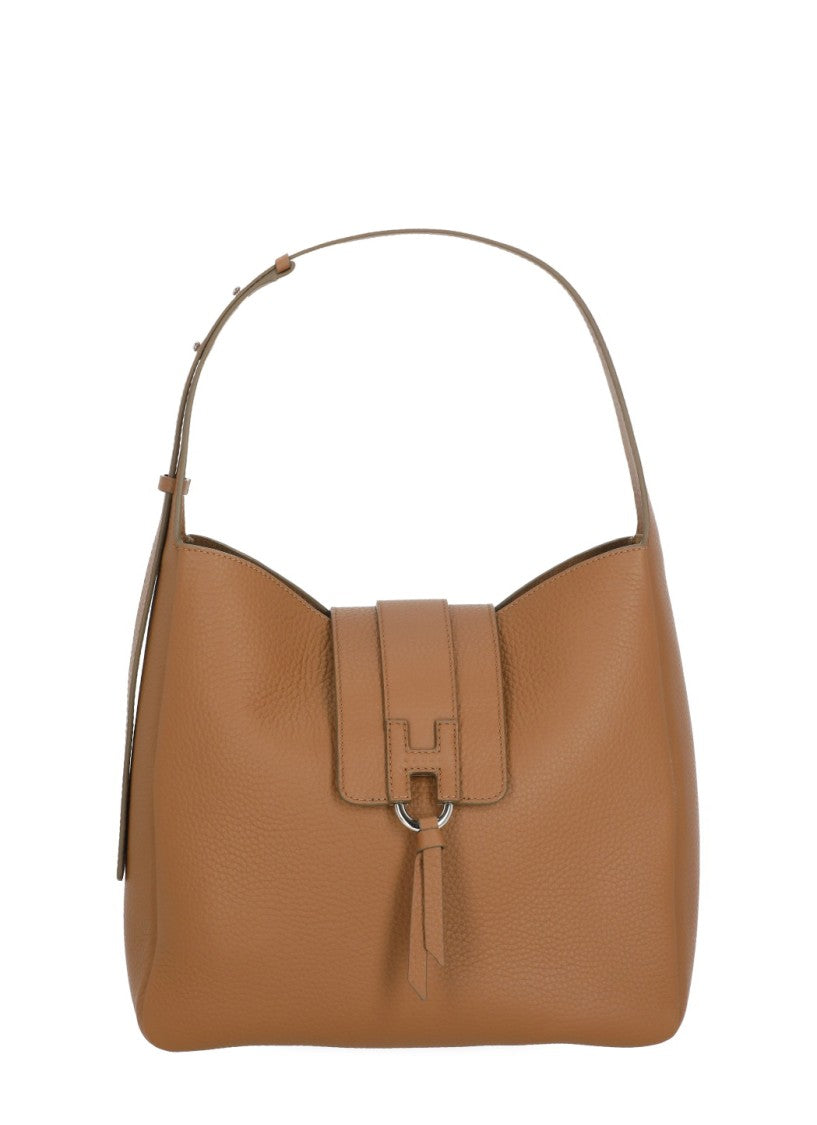 Hogan Structured Leather Hobo Bag With Embossed Logo And Tassel