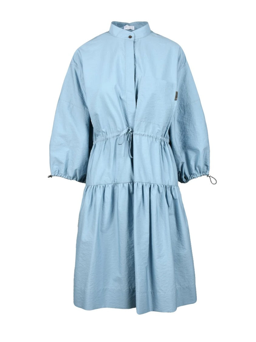 Brunello Cucinelli Light Blue Three-Quarter Sleeve Cotton-Blend Shirt Dress