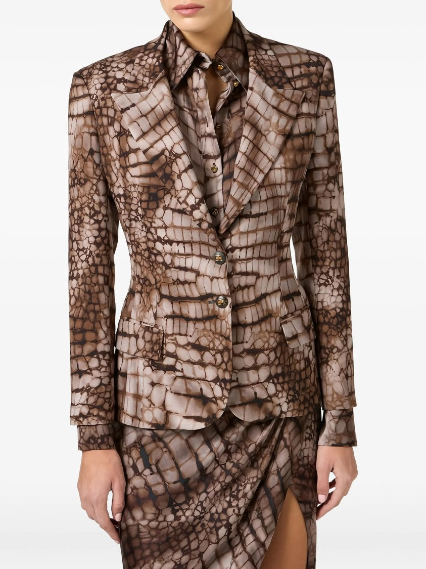 Elisabetta Franchi Tailored Brown Reptile Print Notch Blazer