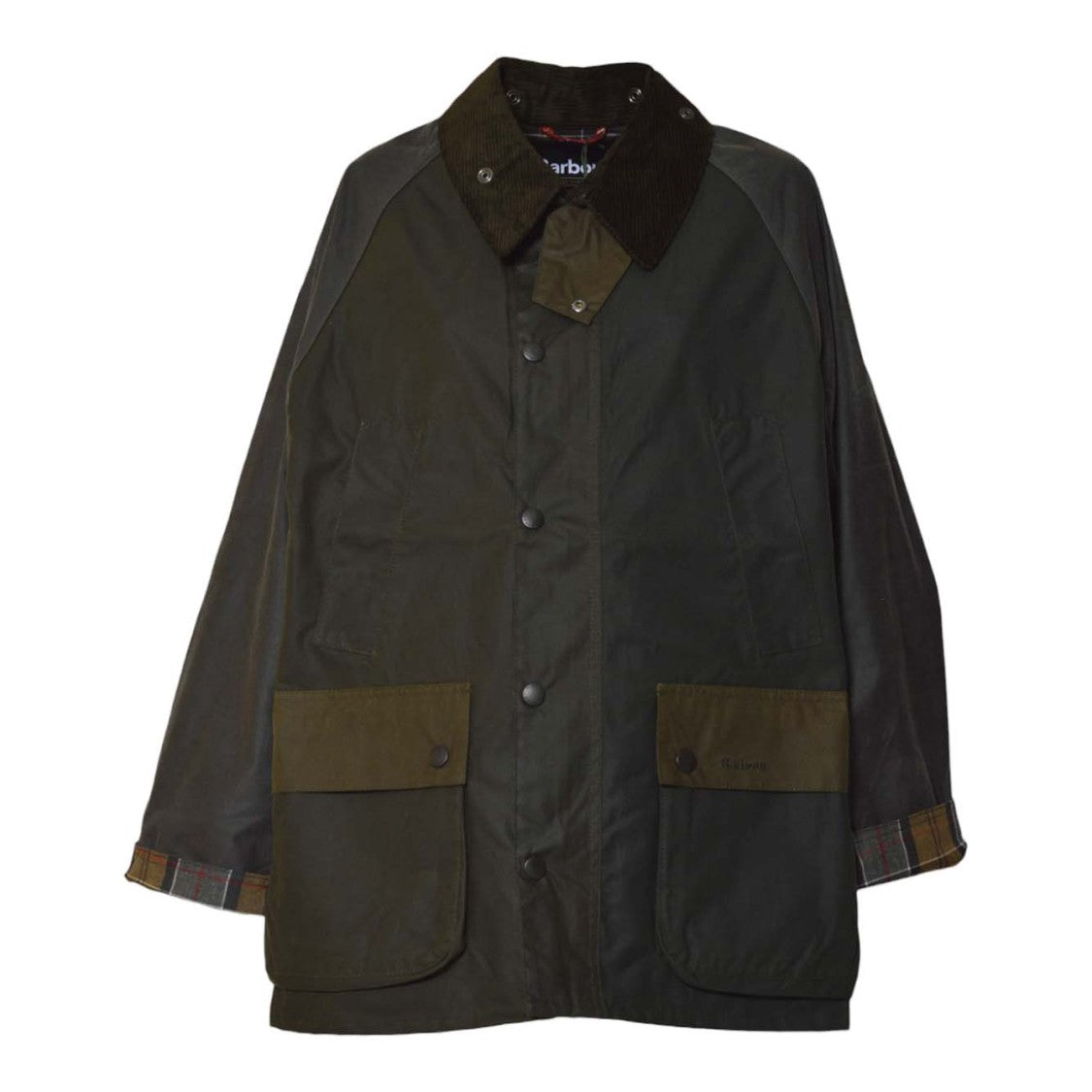 Barbour Dark Green Waxed Coat With Corduroy Collar And Plaid Lining