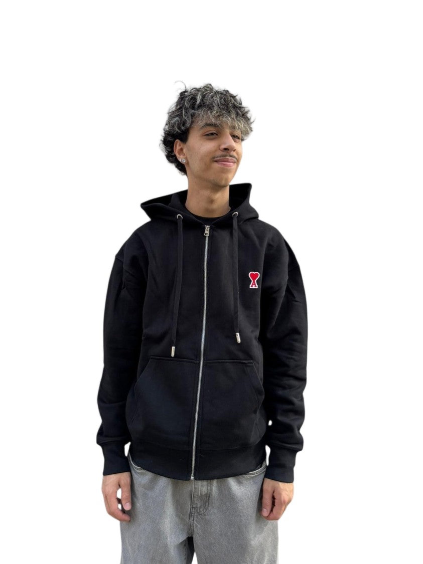 Ami Paris Relaxed Fit Black Hoodie With Zip-Up Closure