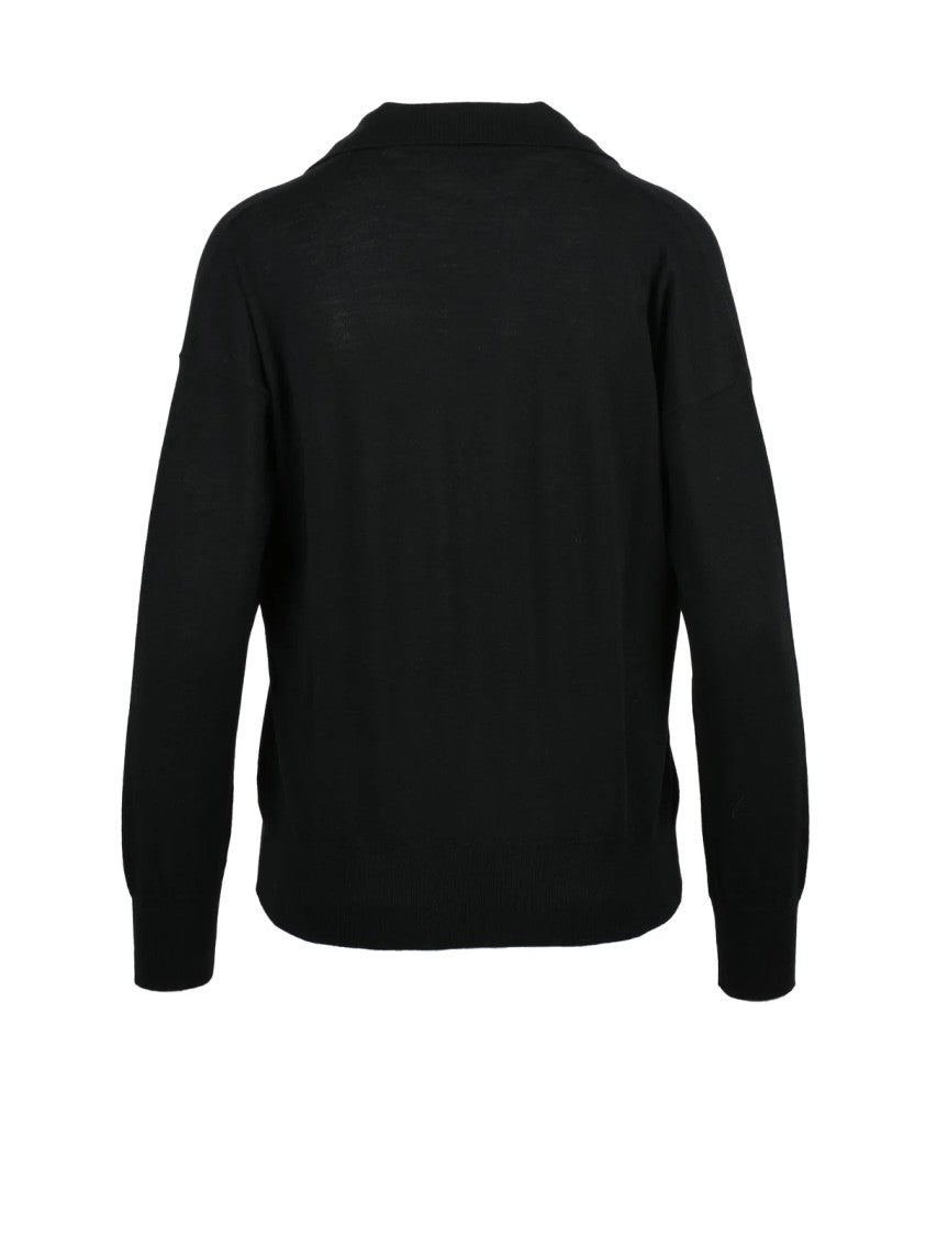 Alpha Studio Black Extrafine Merino Wool Polo Knit Sweater