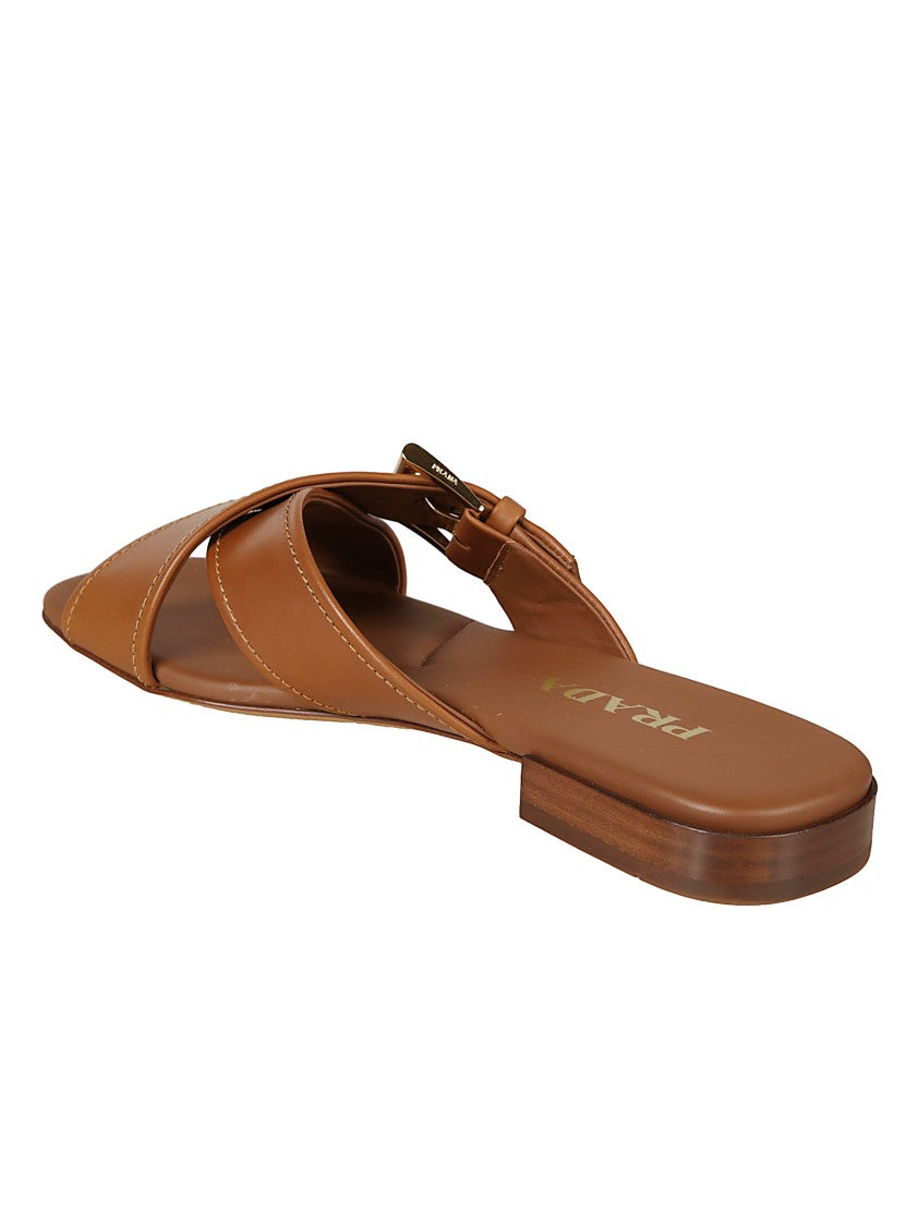 Prada Crisscross Leather Slide Sandal With Adjustable Buckle