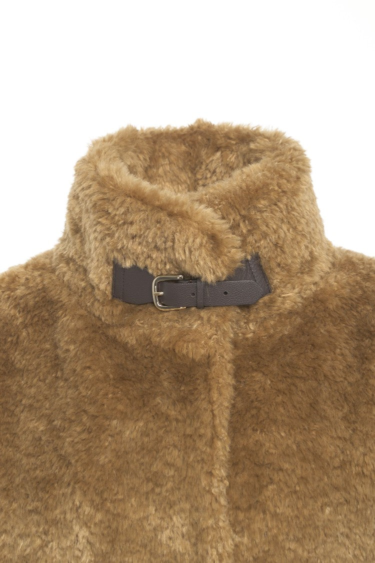 Herno Plush Faux Fur Jacket With High Collar And Buckle Closure