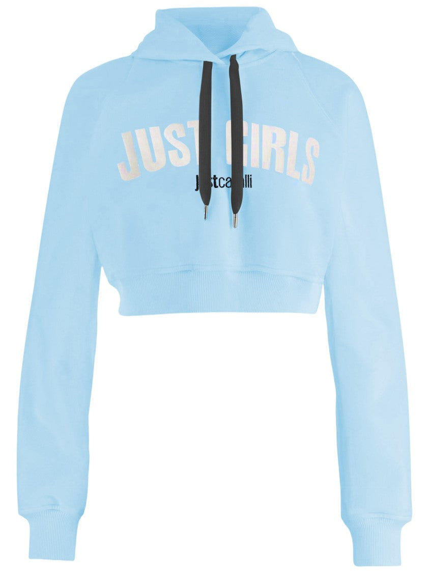 Just Cavalli Cropped Cotton Sweatshirt With Front Logo In Light Blue