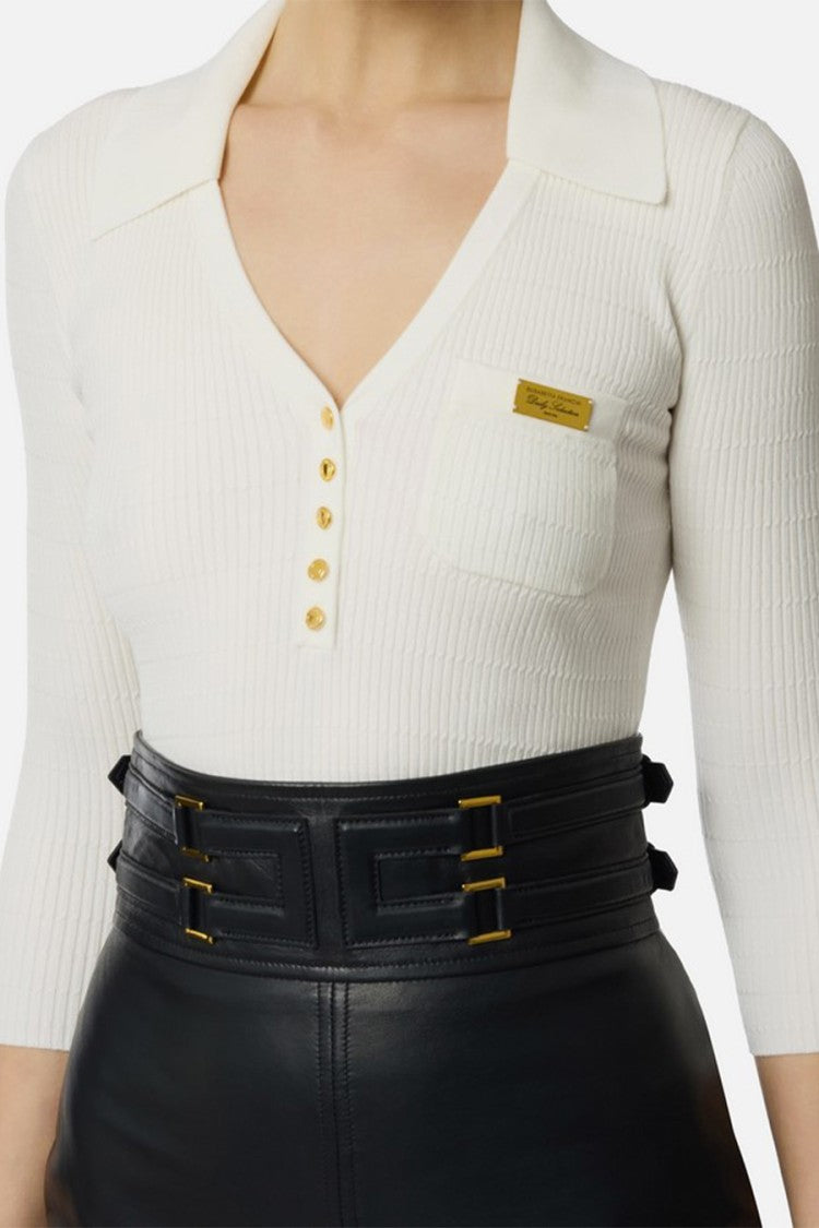 Elisabetta Franchi Ivory Braided Ribbed Polo Collar Lyocell-Blend Sweater