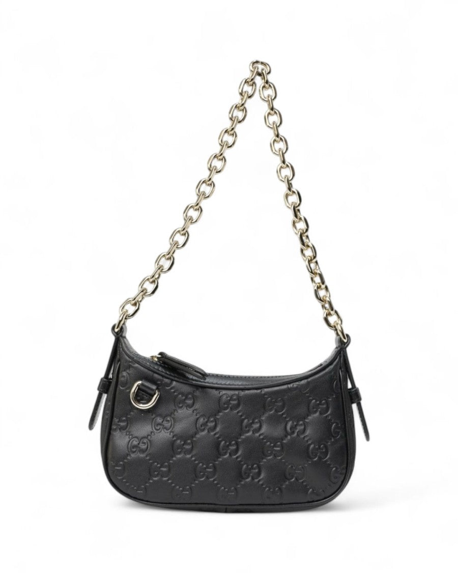 Gucci Mini Gg Interlocking Leather Pouch With Gold Chain Handle