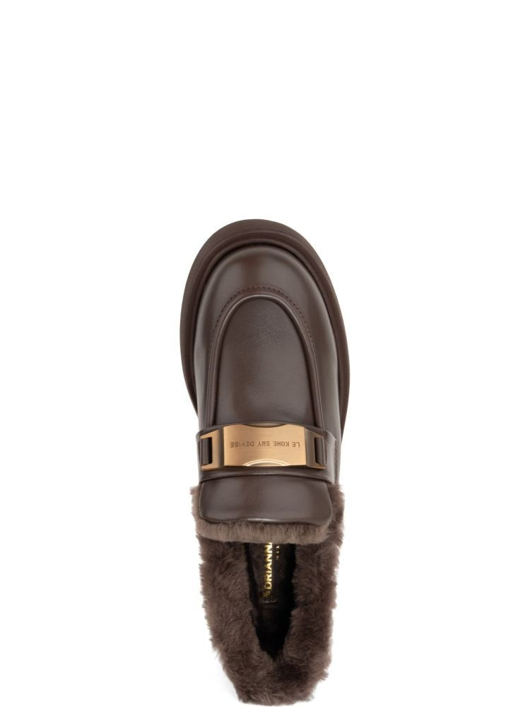 Adrianna Feretti Brown Plush Fur Lining Metallic Buckle Leather Loafers