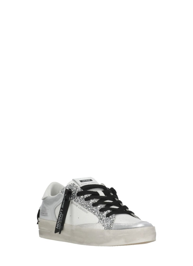 Crime London White Silver Inserts Glitter Leather Sneakers