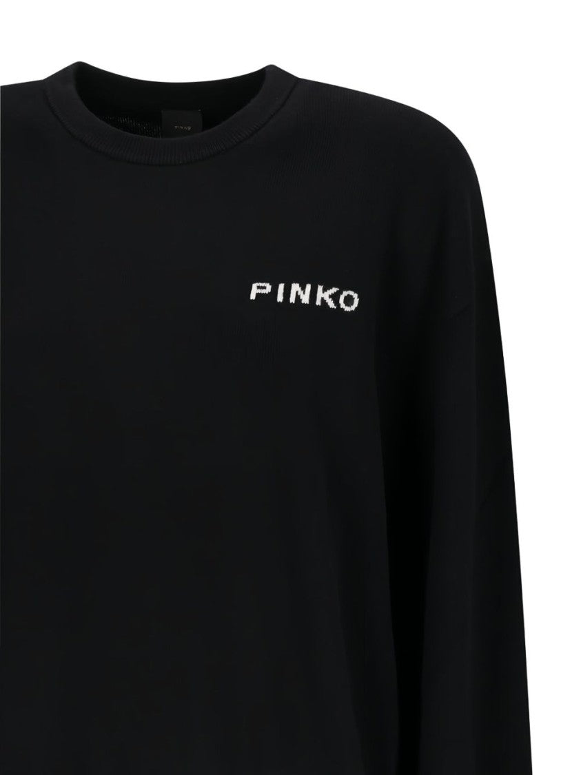Pinko Love Bird Motif Black Sweater With Round Neck And Long Sleeves