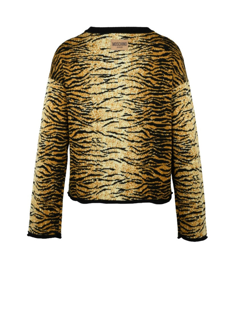 Mo5ch1no Jeans Crewneck Knit Sweater With Bold Tiger Stripe Design