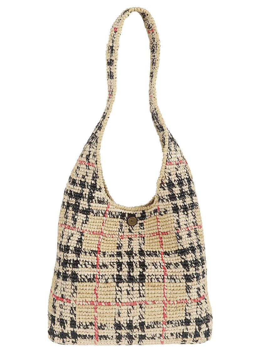 Burberry Woven Raffia Bag With Checkered Pattern