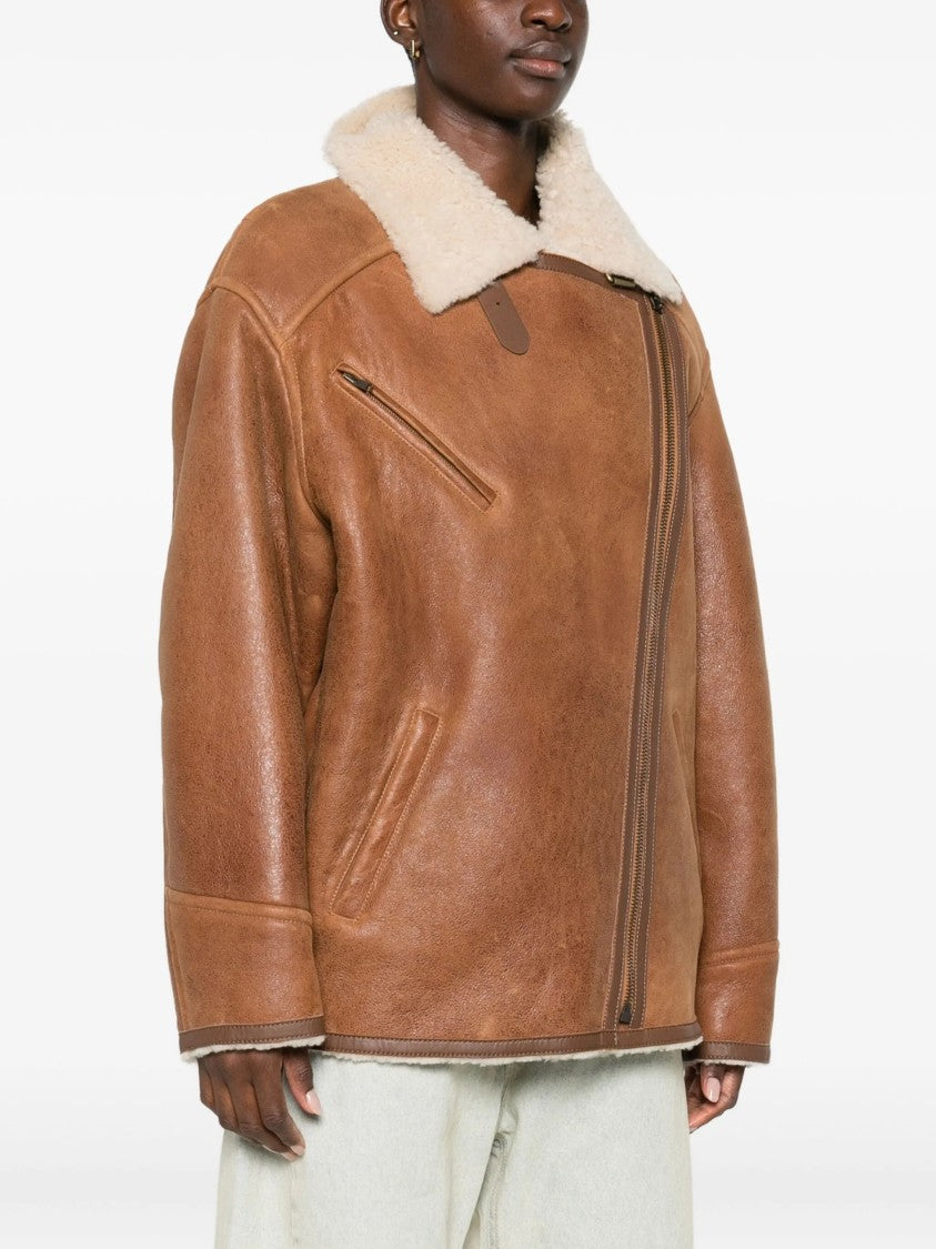 Isabel Marant Boxy Brown Leather Coat With Plush Shearling Collar
