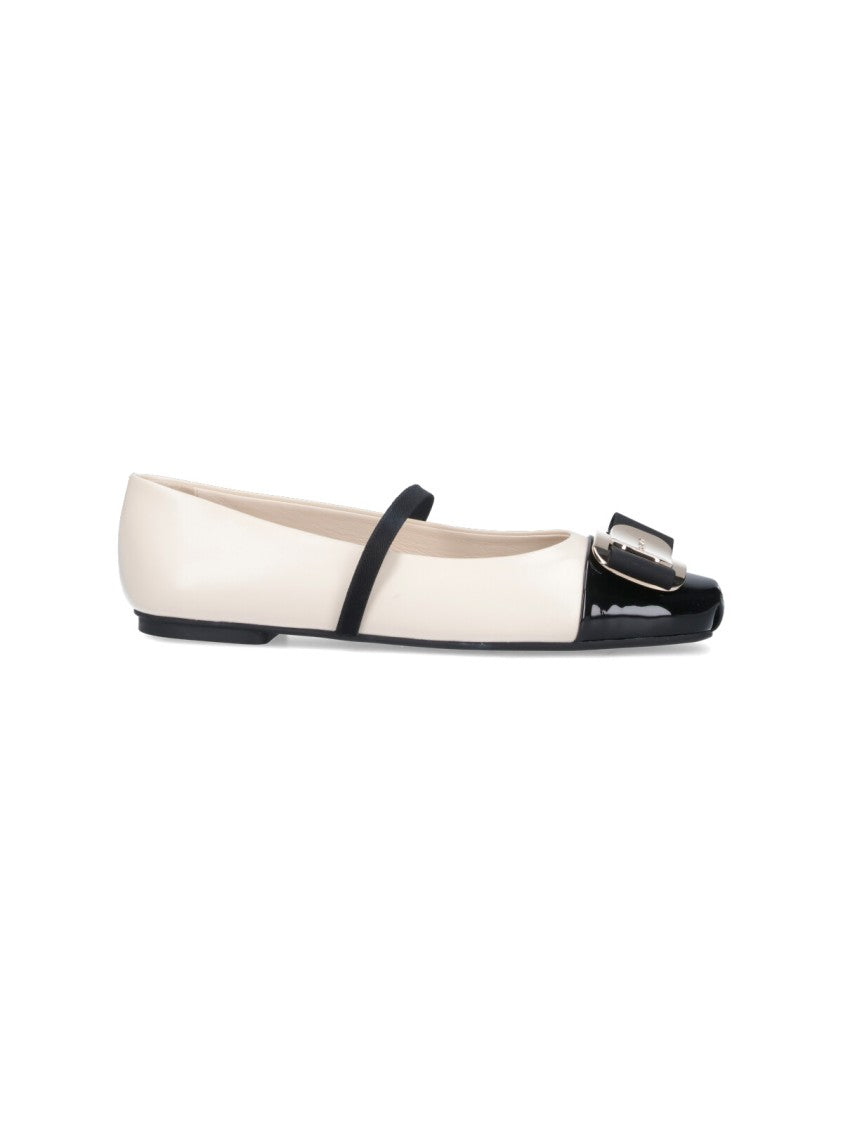 Ferragamo Cream Flat Shoes With Glossy Black Toe Cap