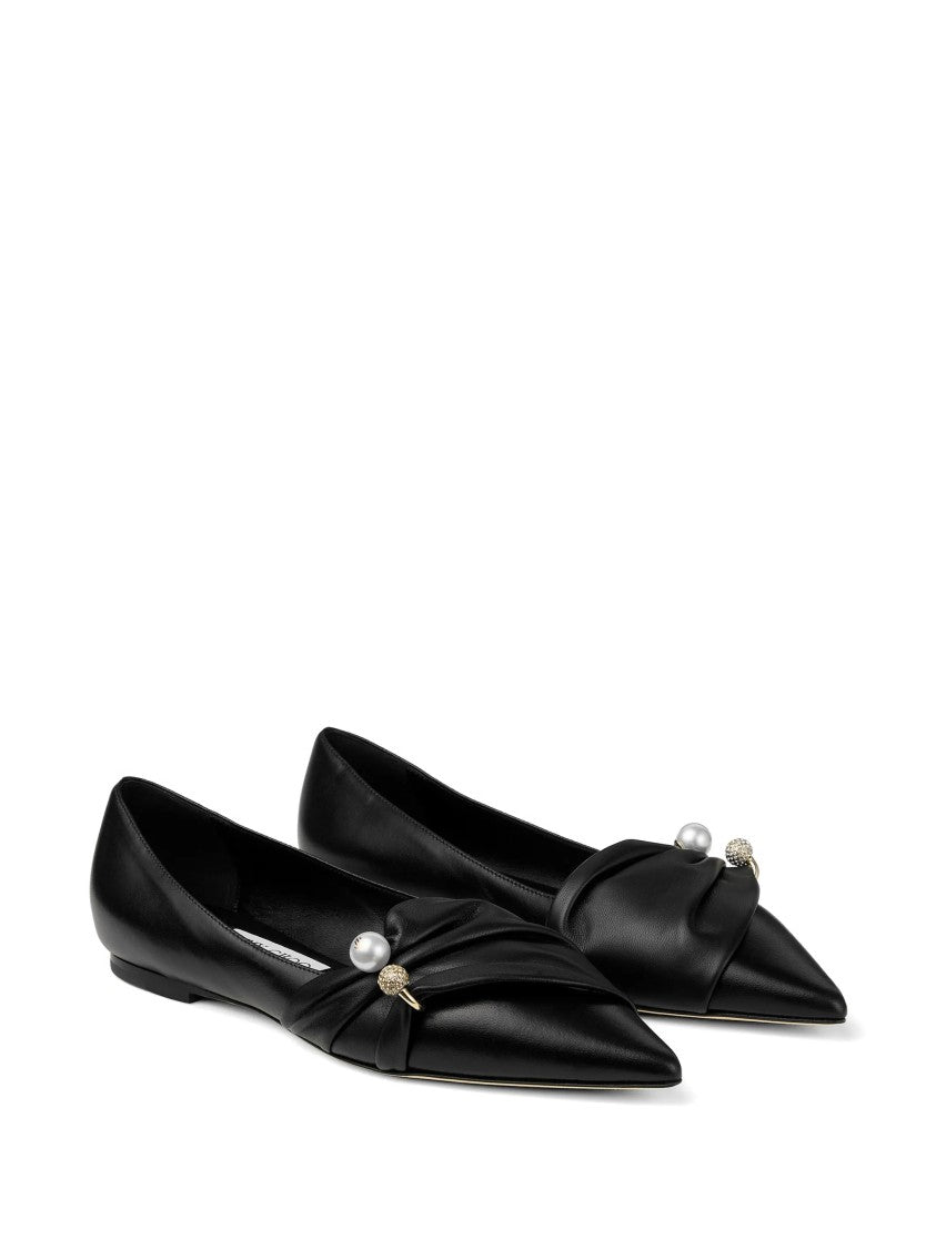 Jimmy Choo Pointed-Toe Nappa Leather Ballerina Flats With Pearl Detail
