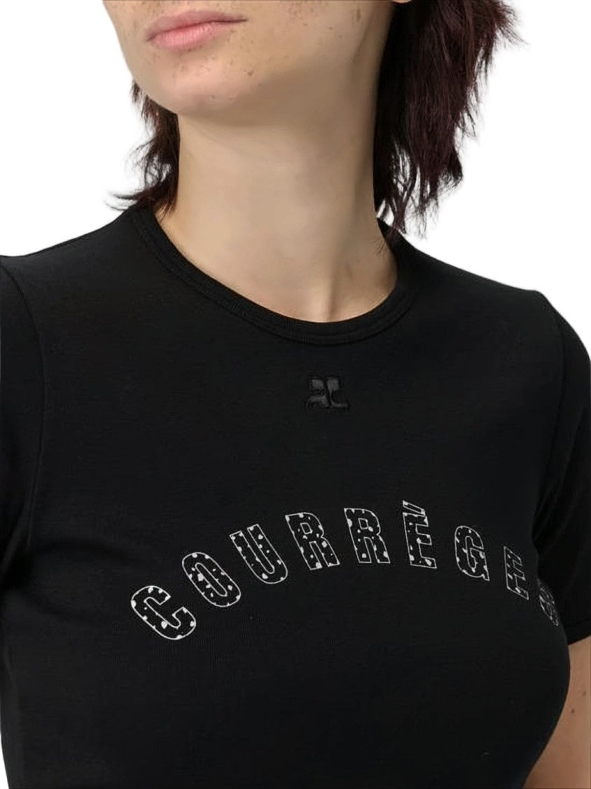 Courrèges Fitted Black T-Shirt With Curved Logo Detail