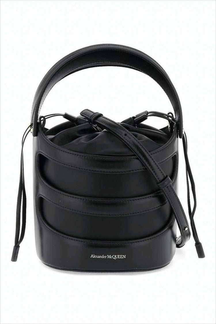 Alexander Mcqueen Layered Black Lambskin Crossbody Bag With Drawstring Closure
