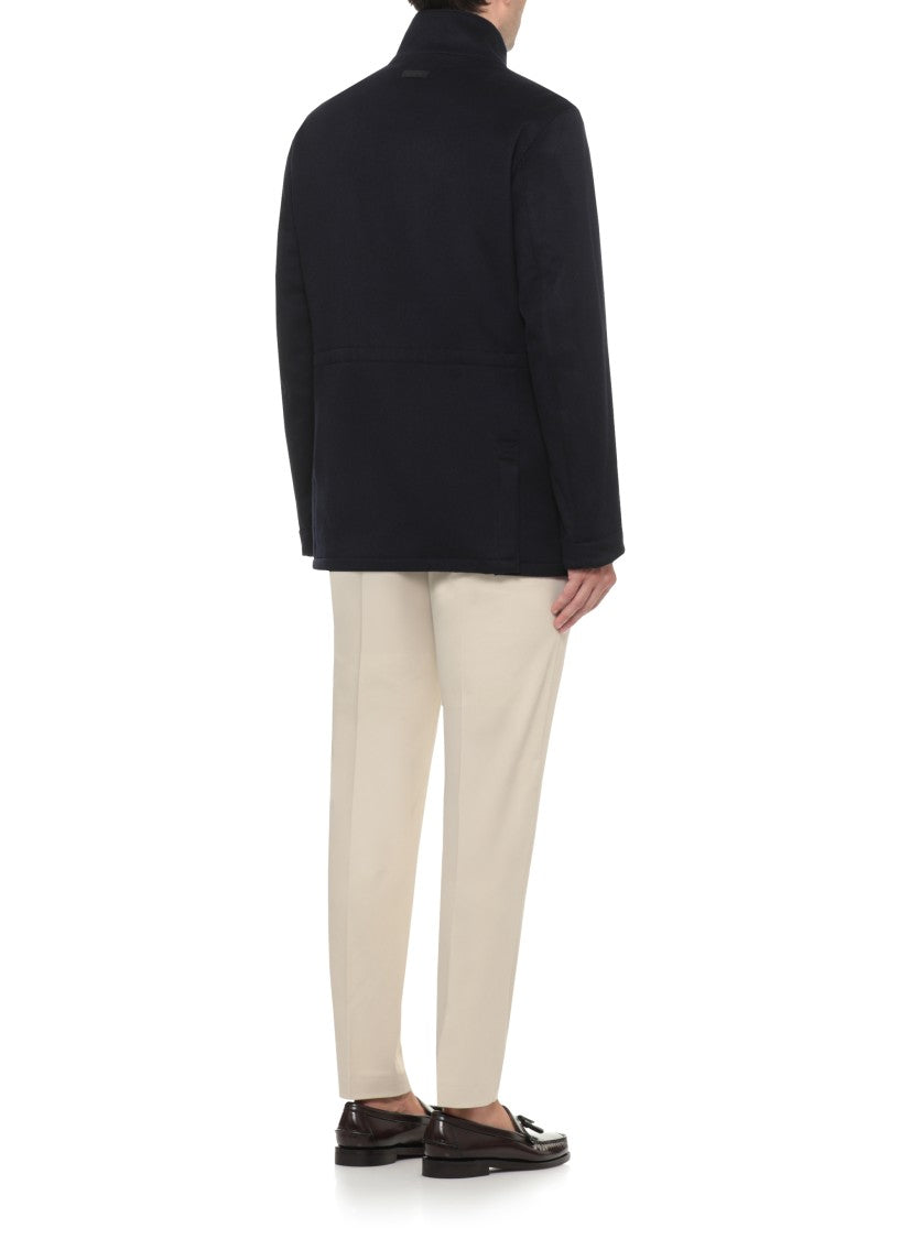 Lardini Dark Blue High-Neck Wool-Blend Coat