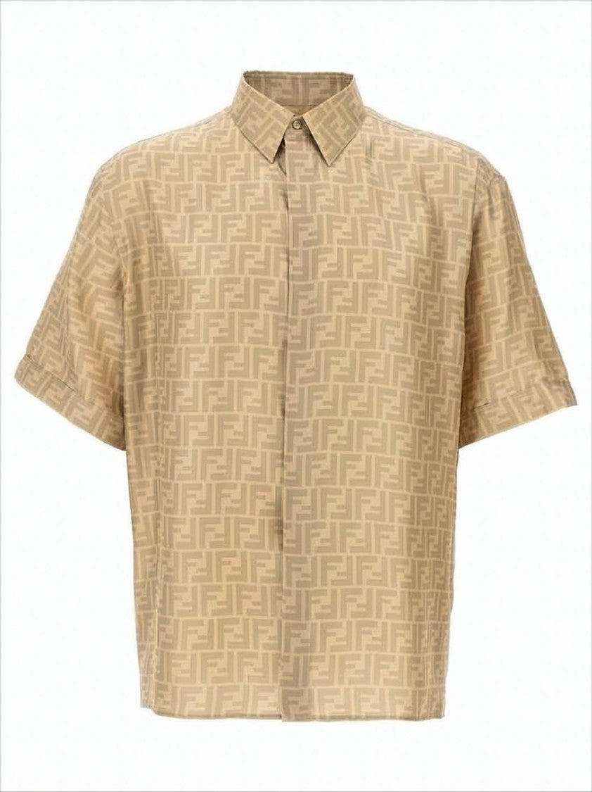 Fendi Short-Sleeve Silk Shirt With Tonal Monogram Pattern