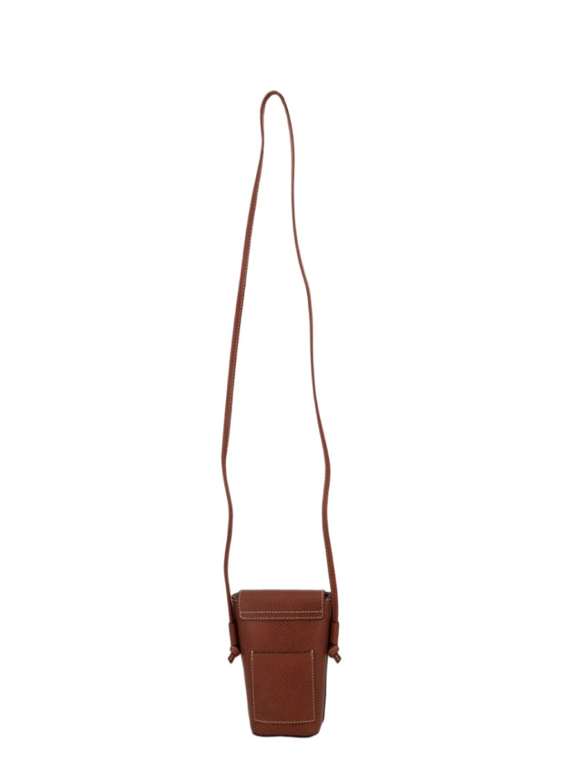 Longchamp Compact Brown Bovine Leather Phone Case With Adjustable Strap