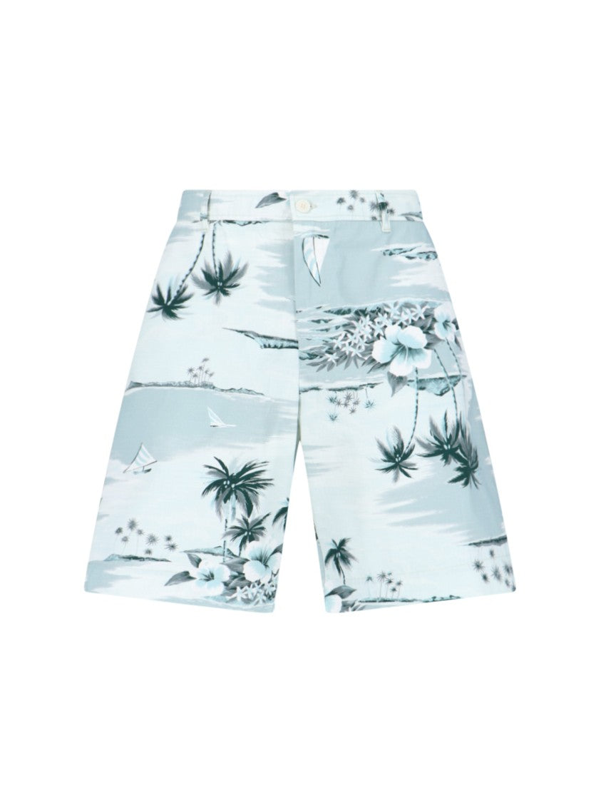 Maison Kitsuné Board Shorts In Light Blue Cotton "Hawaiian Landscape"