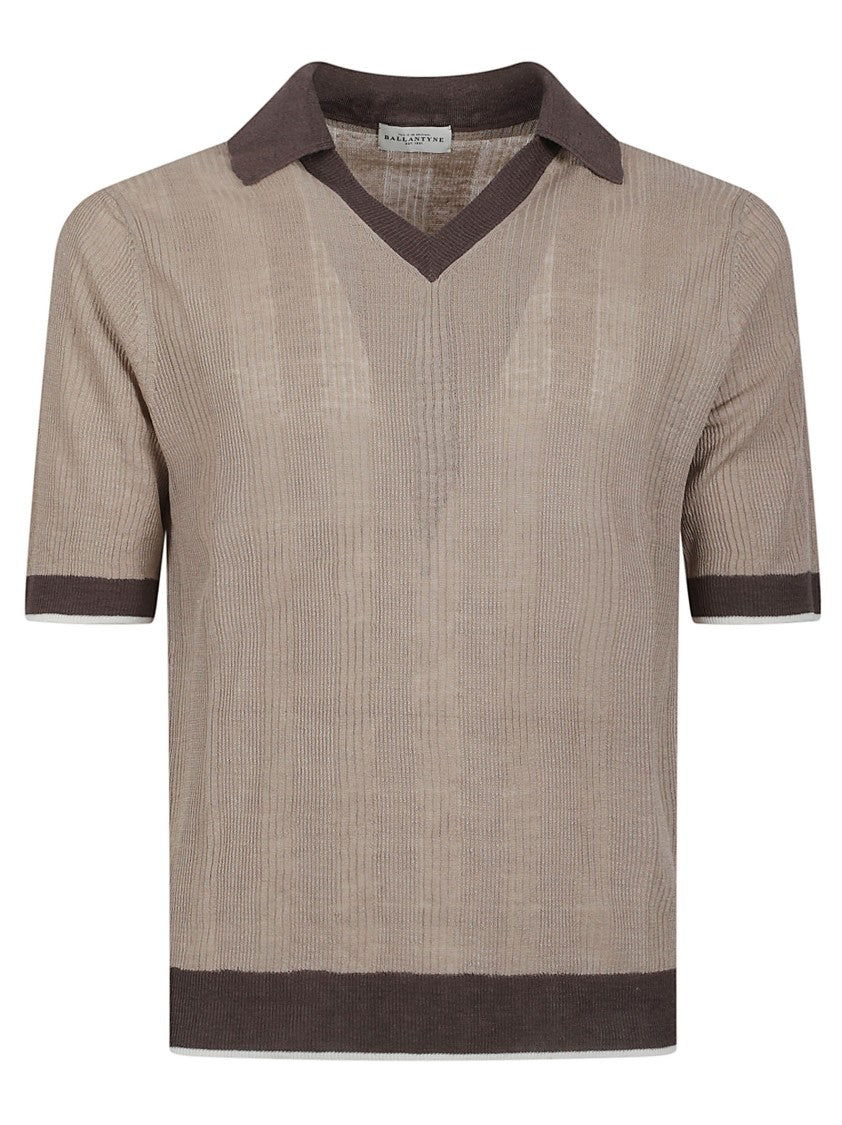 Ballantyne Ribbed Knit Top With Contrasting Collar And V-Neckline
