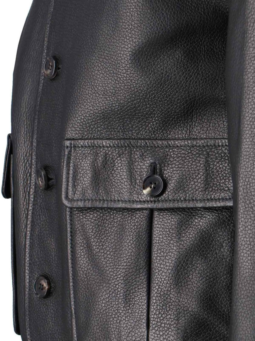 Valstar Textured Black Leather Jacket With Cashmere Ribbed Collar