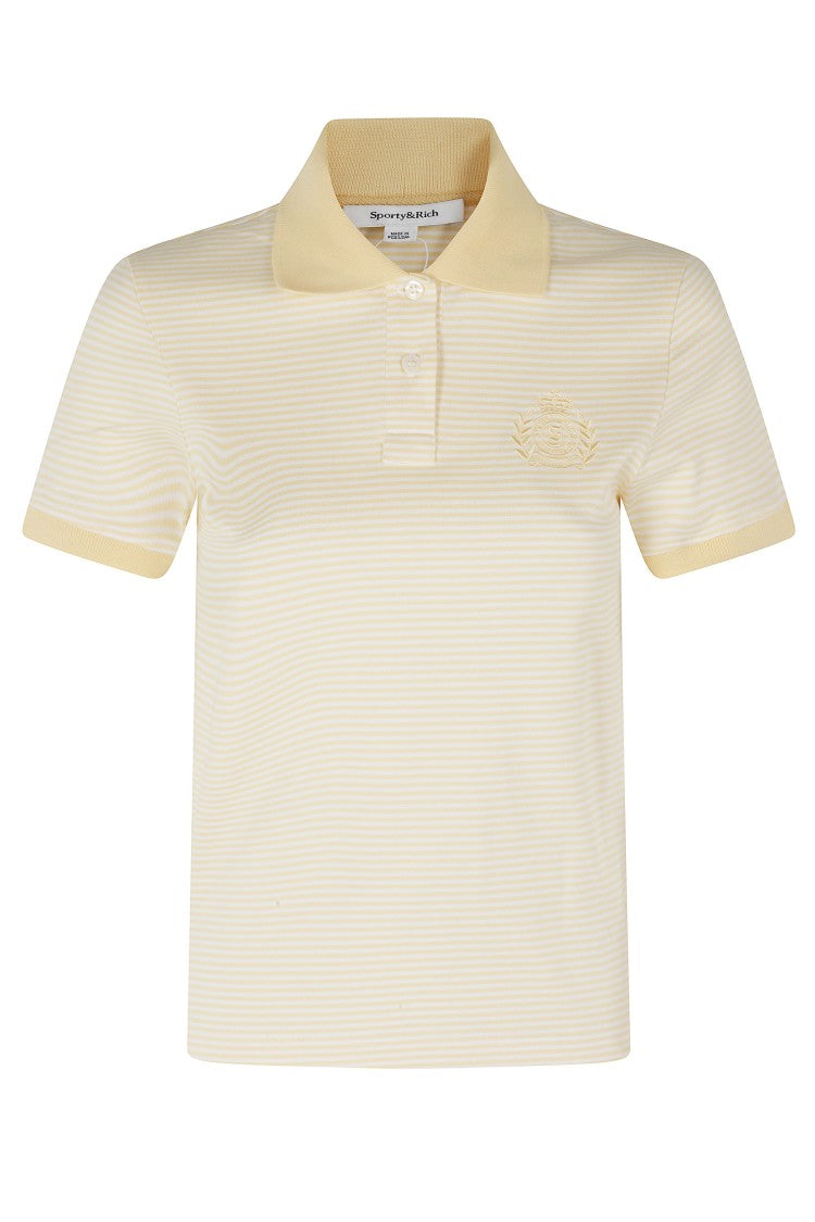 Sporty And Rich Cream Ny Striped Button-Down Collar Cotton Polo Shirt