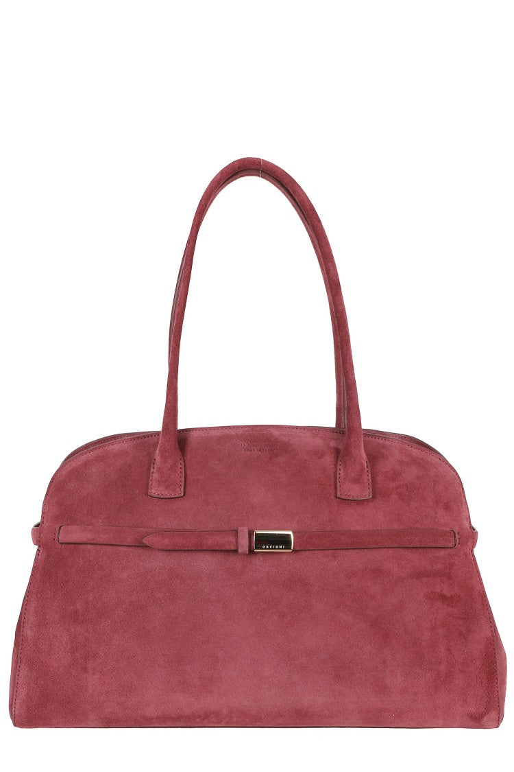 Orciani Elongated Burgundy Suede Handbag With Dual Handles And Adjustable Strap