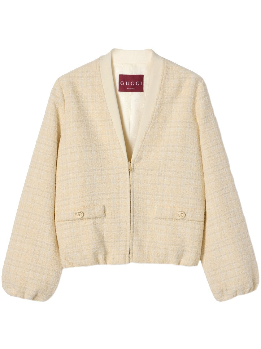 Gucci Neutral Check Cotton Tweed Cropped Jacket