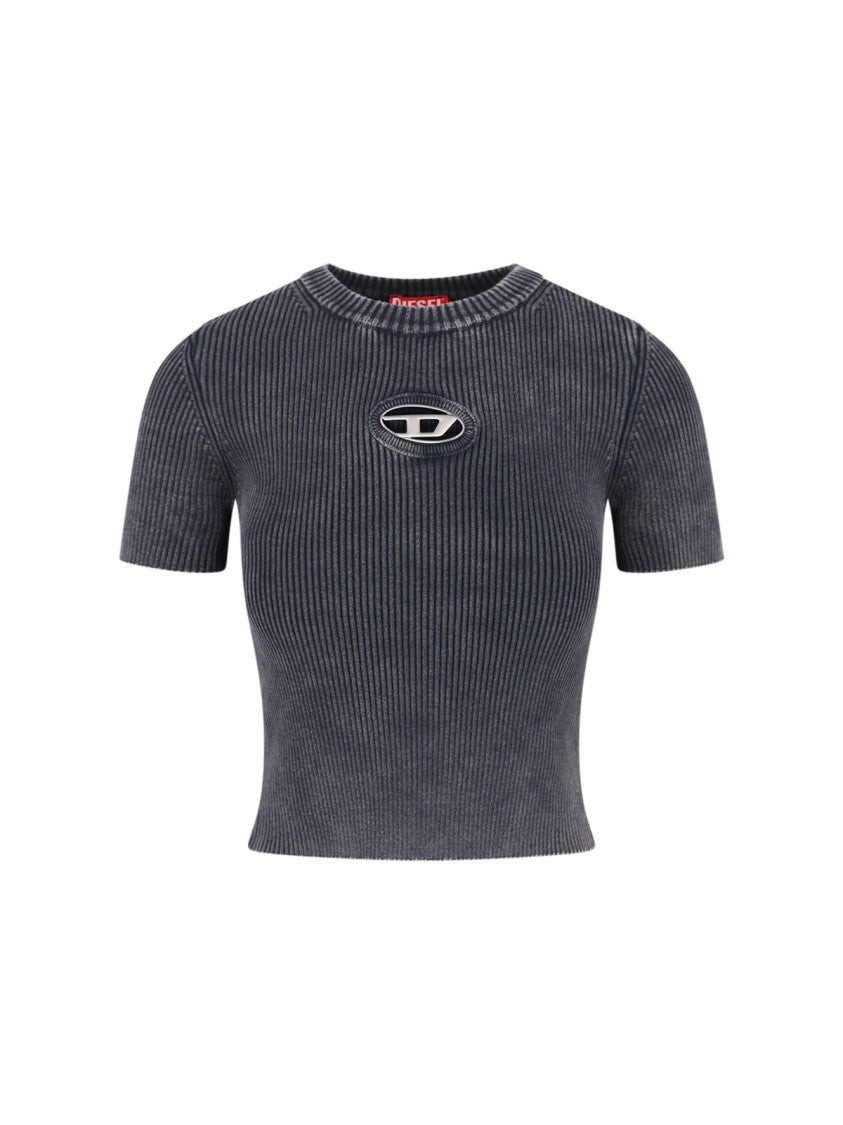 Diesel Ribbed Short-Sleeve Crop Top With Metallic Logo Detail